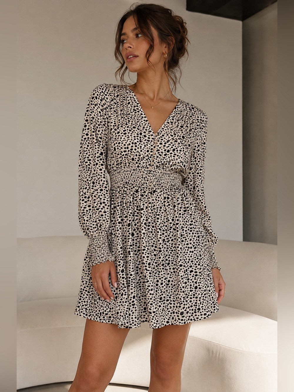Steve Madden BB Dakota Dalmatian Print Smocked Mini Dress Cottagecore S